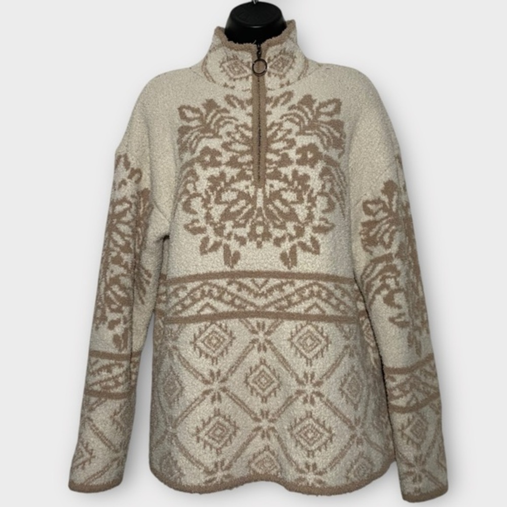 Knox Rose Cream & Tan Aztec Sherpa Fleece Quarter Zip Pullover Size Medium